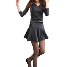dresses for women solidcolor v neck vestidos long sleeve slim waist pleated dress women mini dress black grey J4U66