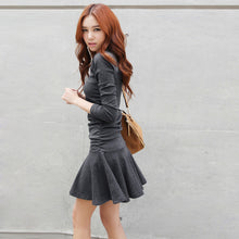 dresses for women solidcolor v neck vestidos long sleeve slim waist pleated dress women mini dress black grey J4U66