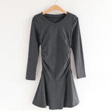 dresses for women solidcolor v neck vestidos long sleeve slim waist pleated dress women mini dress black grey J4U66