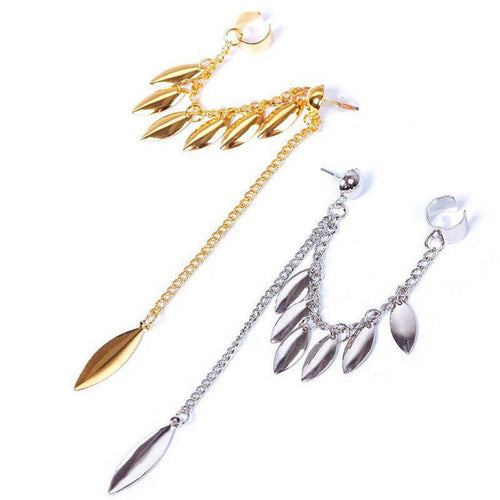 Ear Clip Personality Metal Leaf Single Tassel Earrings Cuffs For Women And Girls Clip On The Ears Ear Cuff Jewelry  J4U66