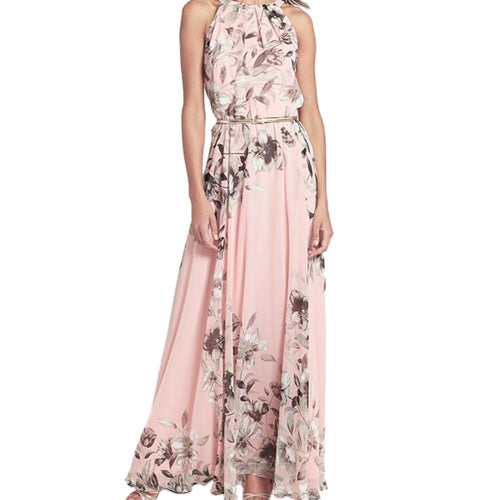 Elegant Casual Boho Party Dresses Style Women Long Dress O Neck Floral Print Chiffon Maxi Dress Vestidos With Belt J4U66