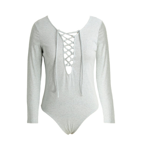 elegant jumpsuit sexy women lace up bodysuit rompers tie front long sleeve stretch slim playsuit salopette ol overalls grey J4U66