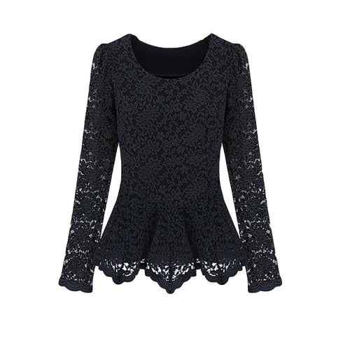 elegant women lace blouse long sleeve peplum slim basic shirt tops blusa de renda ladies office shirt clothing beige J4U66