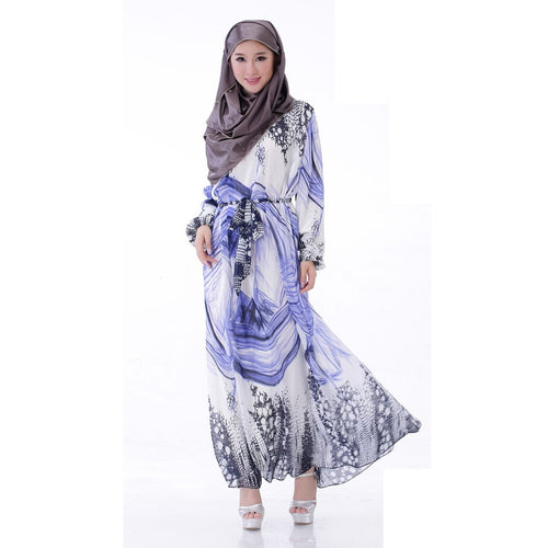 Elegant Women's Kaftan Abaya Jilbab Islamic Muslim Floral Chiffon Long Sleeve Maxi Dress PY3 J4U66