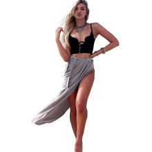 europe sexy skirts womens midi skirt ruched high split belt irregular hem casual beach wear long maxi skirt grey J4U66