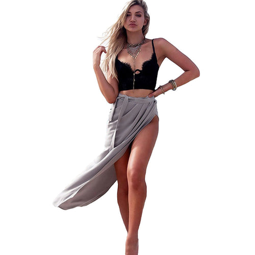 europe sexy skirts womens midi skirt ruched high split belt irregular hem casual beach wear long maxi skirt grey J4U66