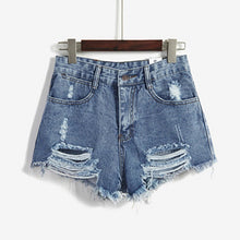 European and American BF Wind Blue High Waist Denim Shorts Women Worn Loose Burr Hole Shorts J4U66