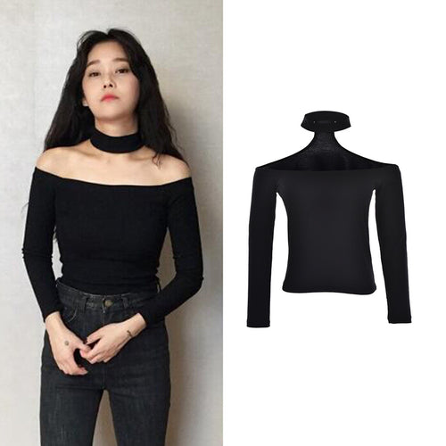 European style sexy slash neck black t-shirt women tops long sleeve halter top Girl t shirt 90's crop top J4U66