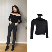 European style sexy slash neck black t-shirt women tops long sleeve halter top Girl t shirt 90's crop top J4U66