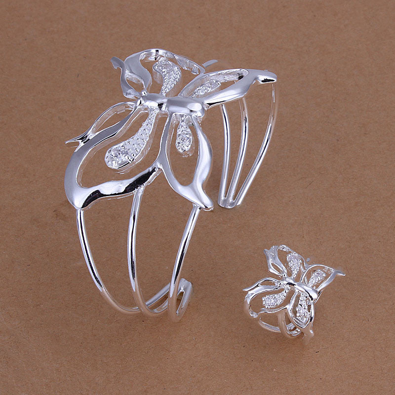 silver plated butterfly jewelry sets necklace bracelet bangle earring ring smts20 J4U66