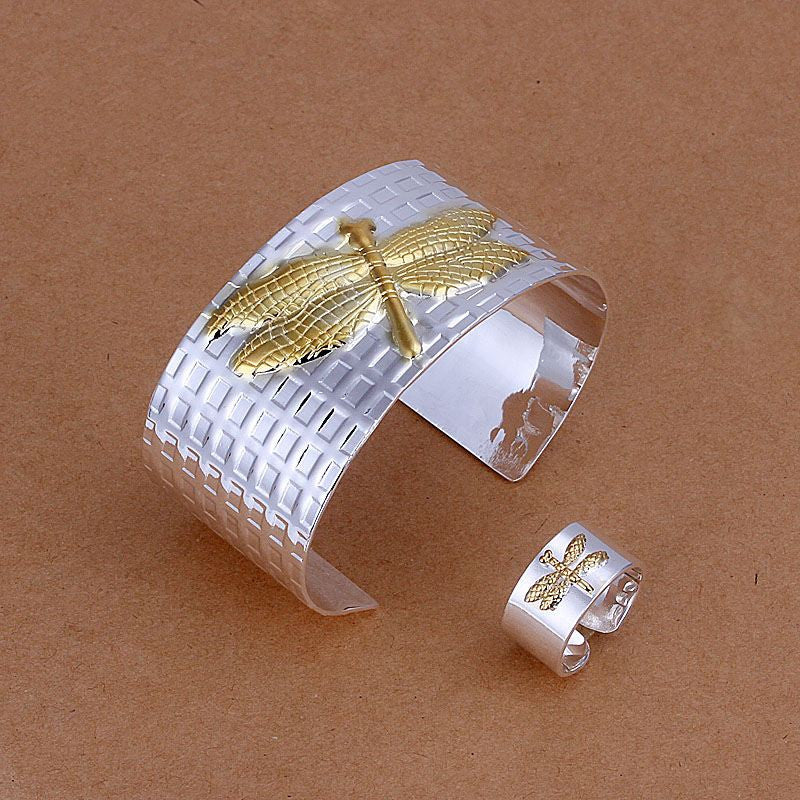 silver plated dragonfly jewelry sets necklace bracelet bangle earring ring smts30 J4U66