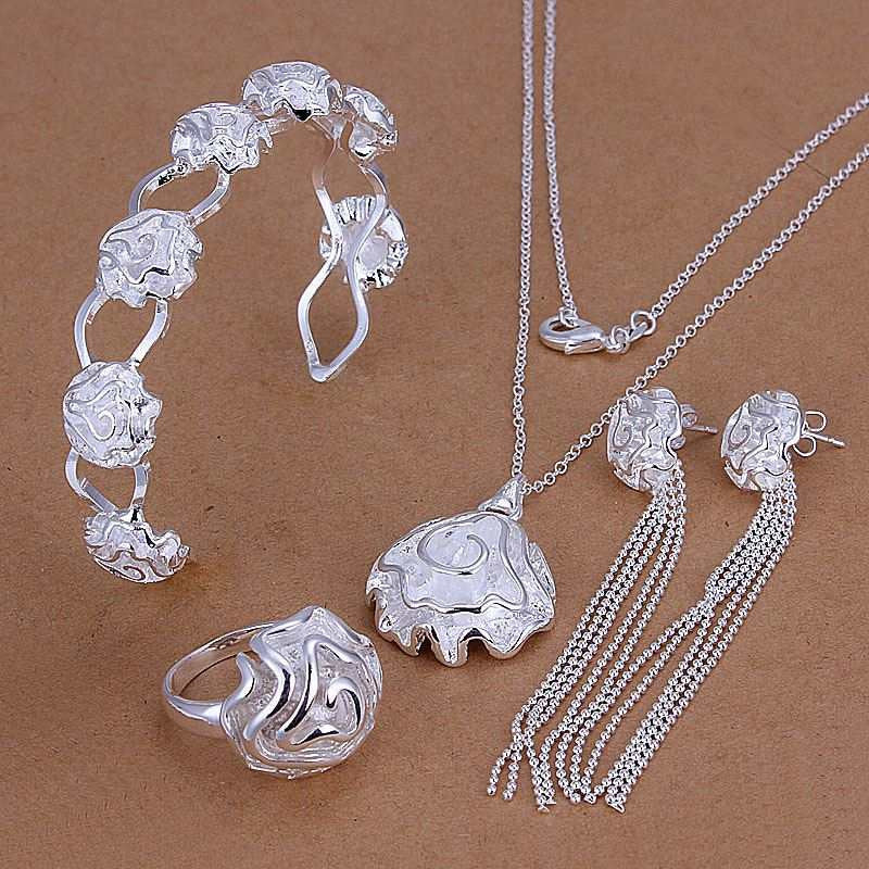 silver plated jewelry sets necklace bracelet bangle earring ring smts25 J4U66