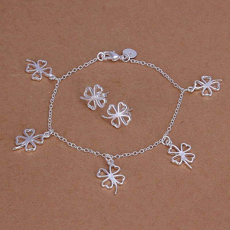 silver plated flower jewelry sets necklace bracelet bangle earring ring smts14 J4U66