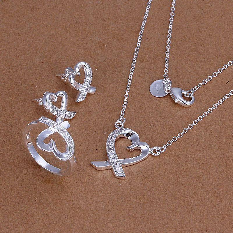 silver plated heart jewelry sets necklace bracelet bangle earring ring smts204 J4U66