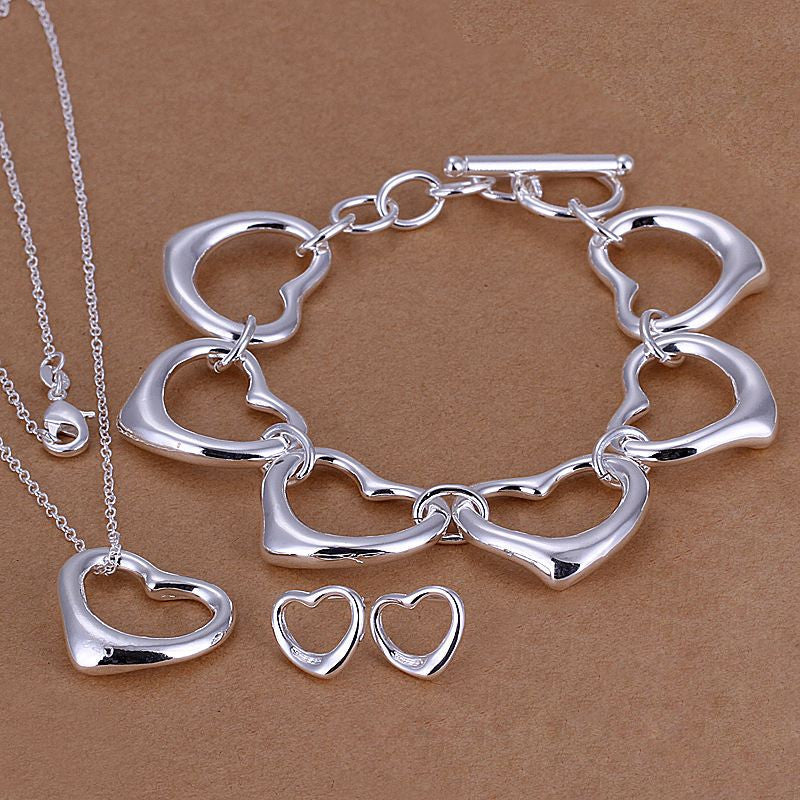 silver plated heart jewelry sets necklace bracelet bangle earring ring smts17 J4U66