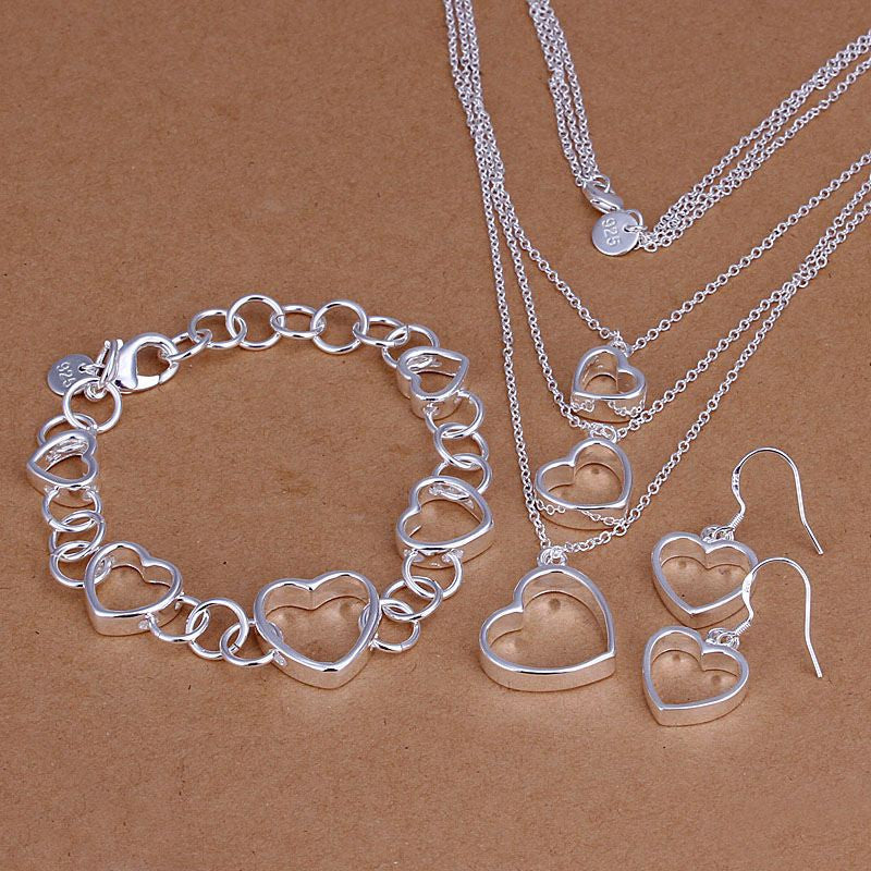 silver plated heart jewelry sets necklace bracelet bangle earring ring smts14 J4U66