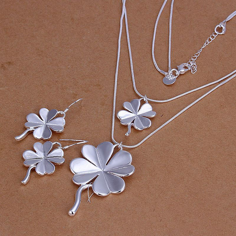 silver plated leaf jewelry sets necklace bracelet bangle earring ring smts14 J4U66