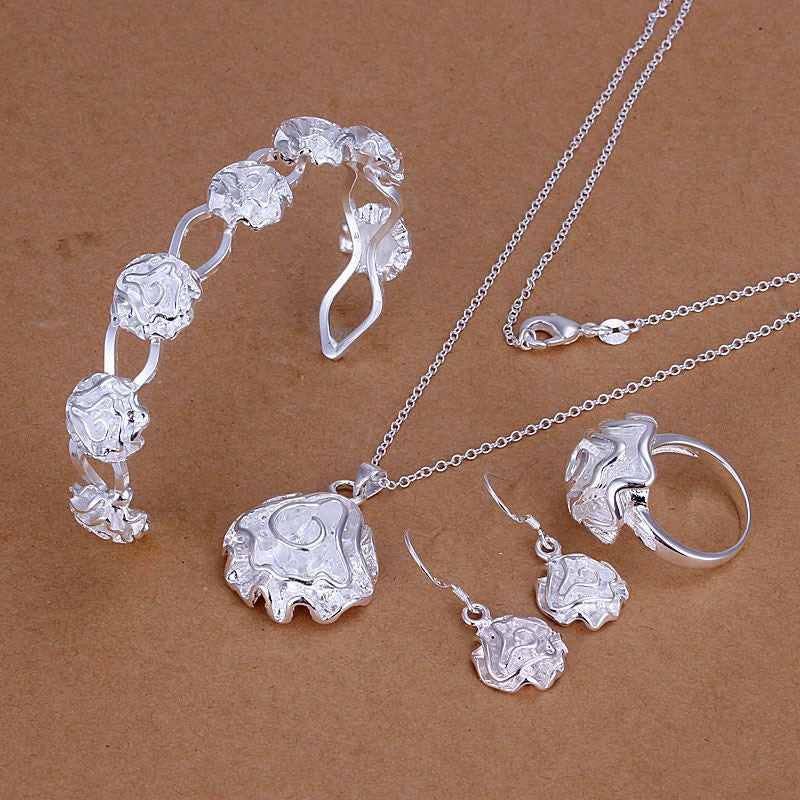 silver plated rose jewelry sets necklace bracelet bangle earring ring smts321 J4U66