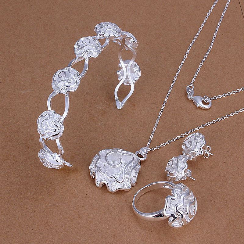 silver plated rose jewelry sets necklace bracelet bangle earring ring smts242 J4U66