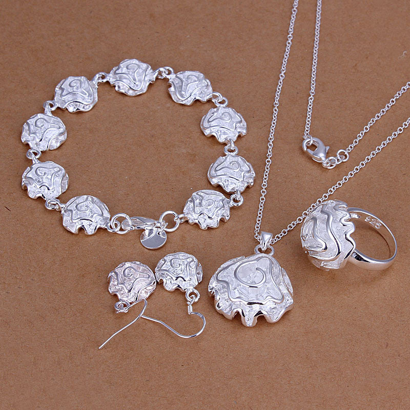 silver plated rose jewelry sets necklace bracelet bangle earring ring smts270 J4U66