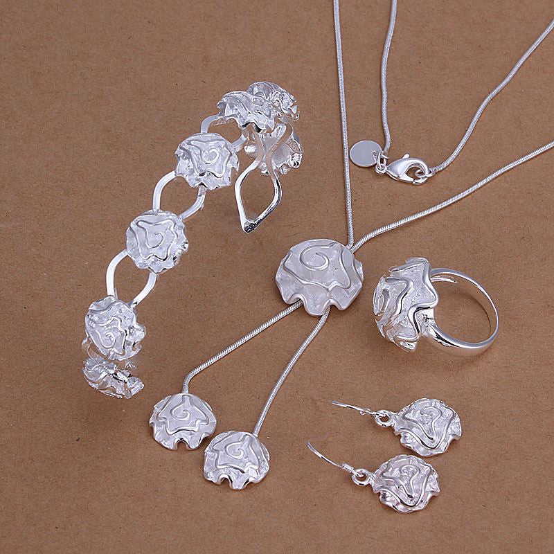 silver plated rose jewelry sets necklace bracelet bangle earring ring smts272 J4U66