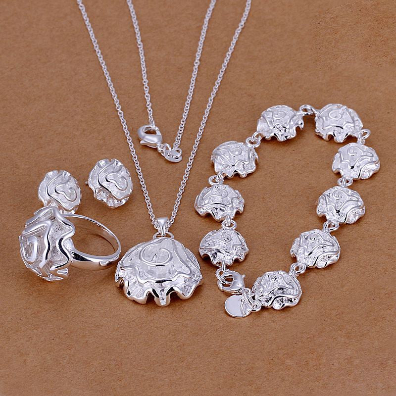 silver plated rose jewelry sets necklace bracelet bangle earring ring smts2 J4U66