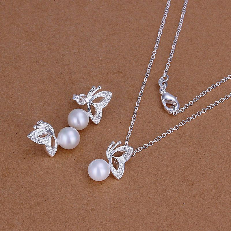 silver plated white bead jewelry set necklace bracelet bangle earring ring smts1 J4U66