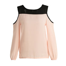 fall women chiffon blousecolor block cold shoulder long sleeve casual loose shirt top femme pink roupas feminina J4U66