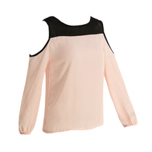 fall women chiffon blousecolor block cold shoulder long sleeve casual loose shirt top femme pink roupas feminina J4U66