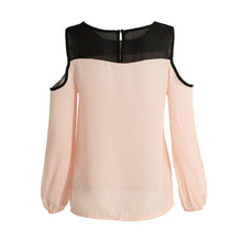 fall women chiffon blousecolor block cold shoulder long sleeve casual loose shirt top femme pink roupas feminina J4U66