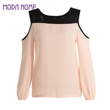 fall women chiffon blousecolor block cold shoulder long sleeve casual loose shirt top femme pink roupas feminina J4U66