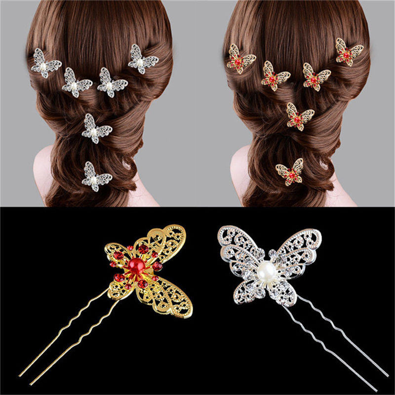 s Butterfly Shaped Hair Pin Bride Rhinestone Wedding Dress Costume Headdress Hairpins White Red Colors J4U66