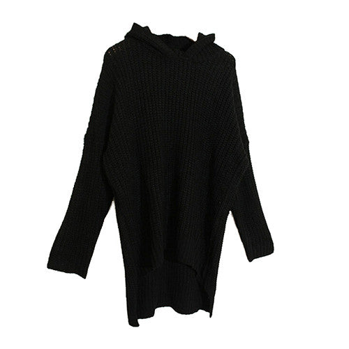 Casual Loose Long Batwing Sleeve Sweater Women Hooded Pullovers Irregular Sweaters Knitted Streetwear 2Color J4U66
