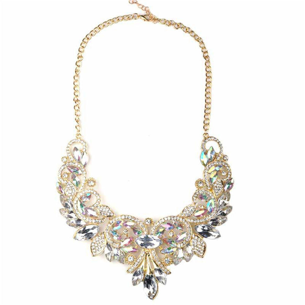 s Crystal Flower Necklace Chain Choker Statement Necklaces Pendants Rhinestone Bib Collar White Blue color J4U66
