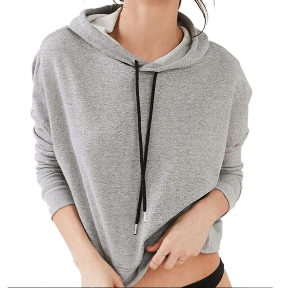 Women Long Sleeve Cropped Gray Pullovers Top Stylish Drawstring Hoodies Back Slit Irregular Sweatshirts J4U66