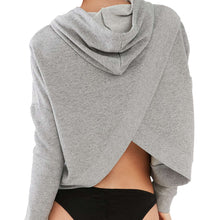 Women Long Sleeve Cropped Gray Pullovers Top Stylish Drawstring Hoodies Back Slit Irregular Sweatshirts J4U66