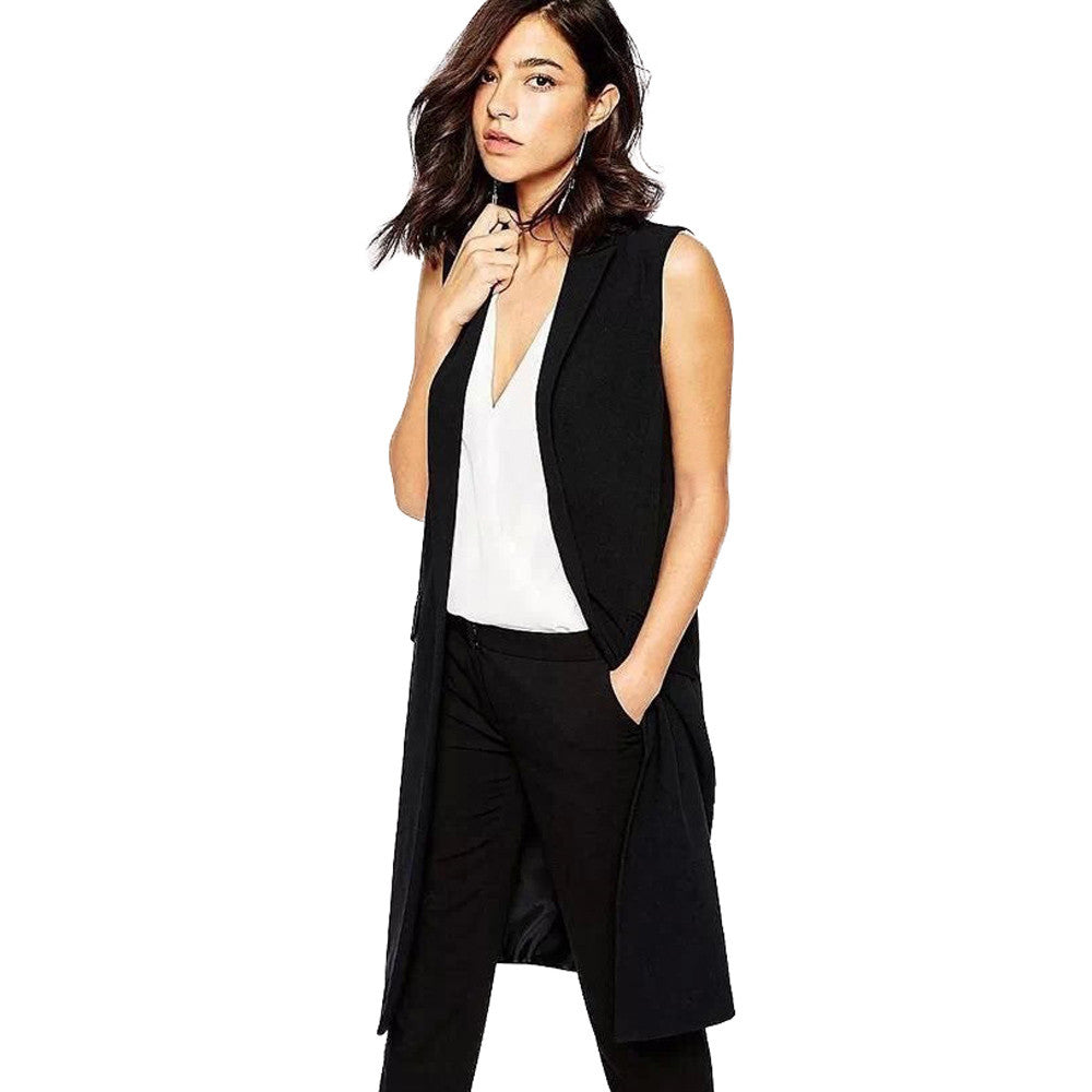 Fashion office lady Elegant jackets Vests For Women Sleeveless black Long Outerwear Casual brand colete feminino coats J4U66