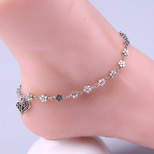 Anklets For Women Silver Bead Chain Anklet Bracelet Accessories Heart Floral Foot Jewelry J4U66