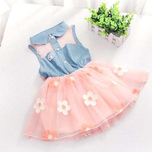 Fashion Baby Kids Girls Denim Dress Sleeveless Shirt Tulle Princess Tutu Dresses 0-4Y J4U66