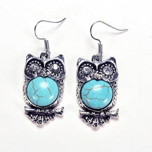 Bohemia Animal Owl Bird Ethnic Vintage Tibetan Silver Blue Turquoise Bead Dangle Earrings J4U66