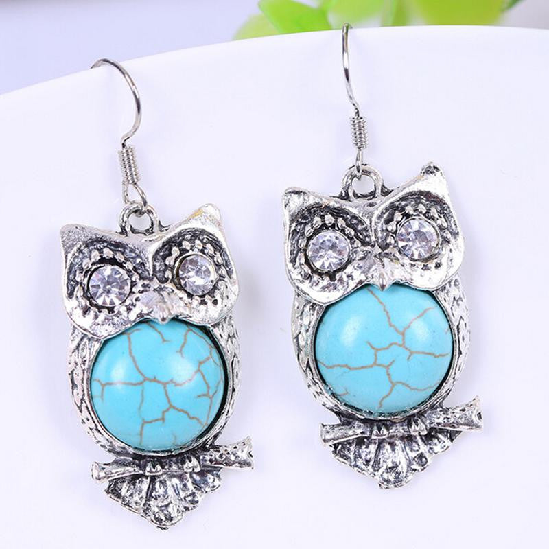 Bohemia Animal Owl Bird Ethnic Vintage Tibetan Silver Blue Turquoise Bead Dangle Earrings J4U66