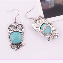 Bohemia Animal Owl Bird Ethnic Vintage Tibetan Silver Blue Turquoise Bead Dangle Earrings J4U66