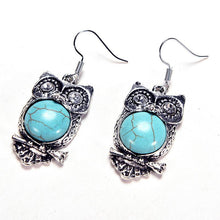Bohemia Animal Owl Bird Ethnic Vintage Tibetan Silver Blue Turquoise Bead Dangle Earrings J4U66