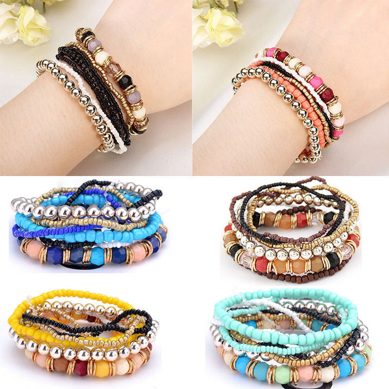 Bohemia Beads Bracelet Beaded Multilayer Strand Stretch Bracelets Bangles For Women Girl J4U66