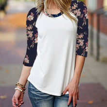 Casual Loose Cotton Tops T Shirt Women Printed Floral Three-quarter Sleeve Shirt J4U66