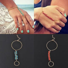 Chain Bracelet Drop Turquoise Beads Slave Finger Ring Punk Gold Plated Women Metal Hand Harness Chain J4U66