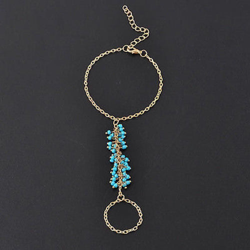 Chain Bracelet Drop Turquoise Beads Slave Finger Ring Punk Gold Plated Women Metal Hand Harness Chain J4U66