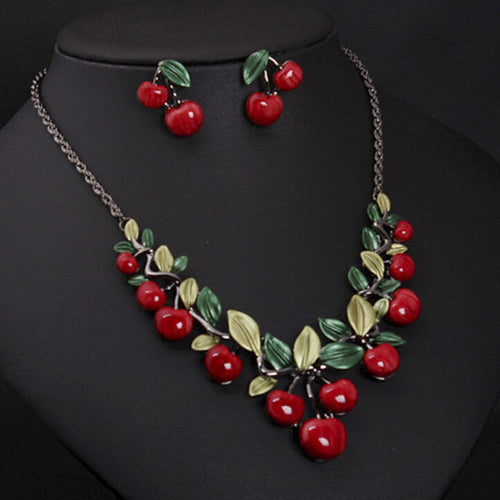 Cute Cherry Statement Necklace With Earrings Maxi Necklace For Women Best Gift S J4U66