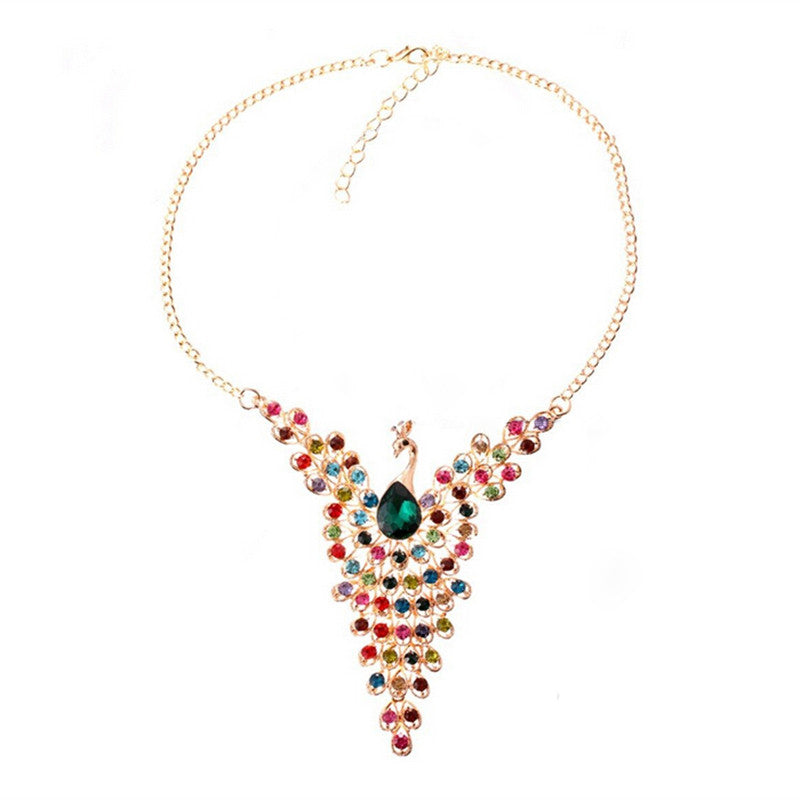 Fine Jewelry Super Dazzling Gold plated Rhinestone Colorful Peacock Long Necklace & Pendants For Women J4U66