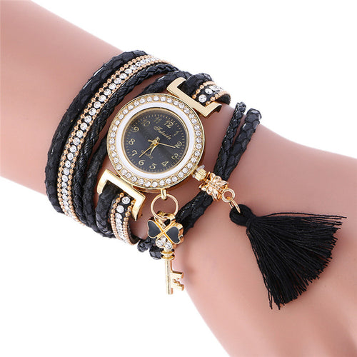 Fashion Key Pendant Elegance Leather Watch Wrap Around Quartz Leopard Leather Weave Watch Bracelets Relogio Femininos J4U66